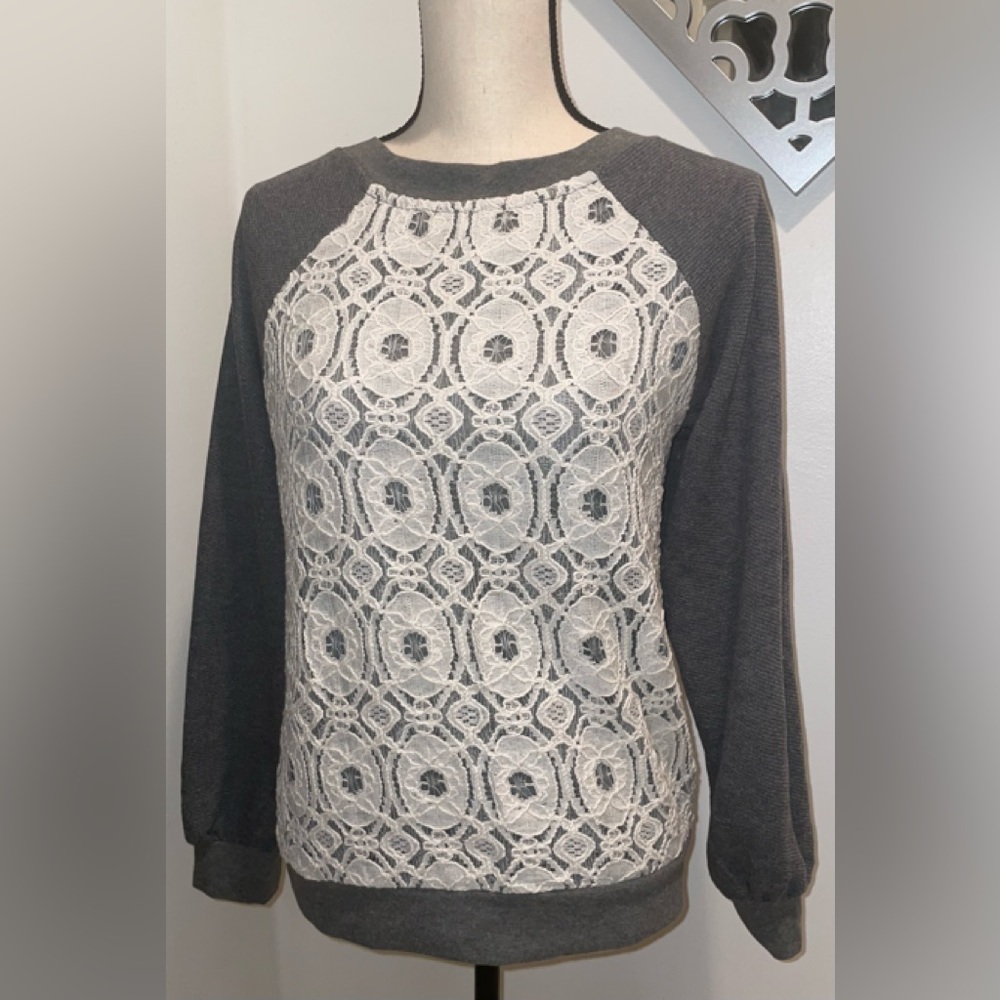 SAM & LAVI LOS ANGELES SWEATER PULLOVER WOMENS GRAY/IVORY LACE SIZE SMALL